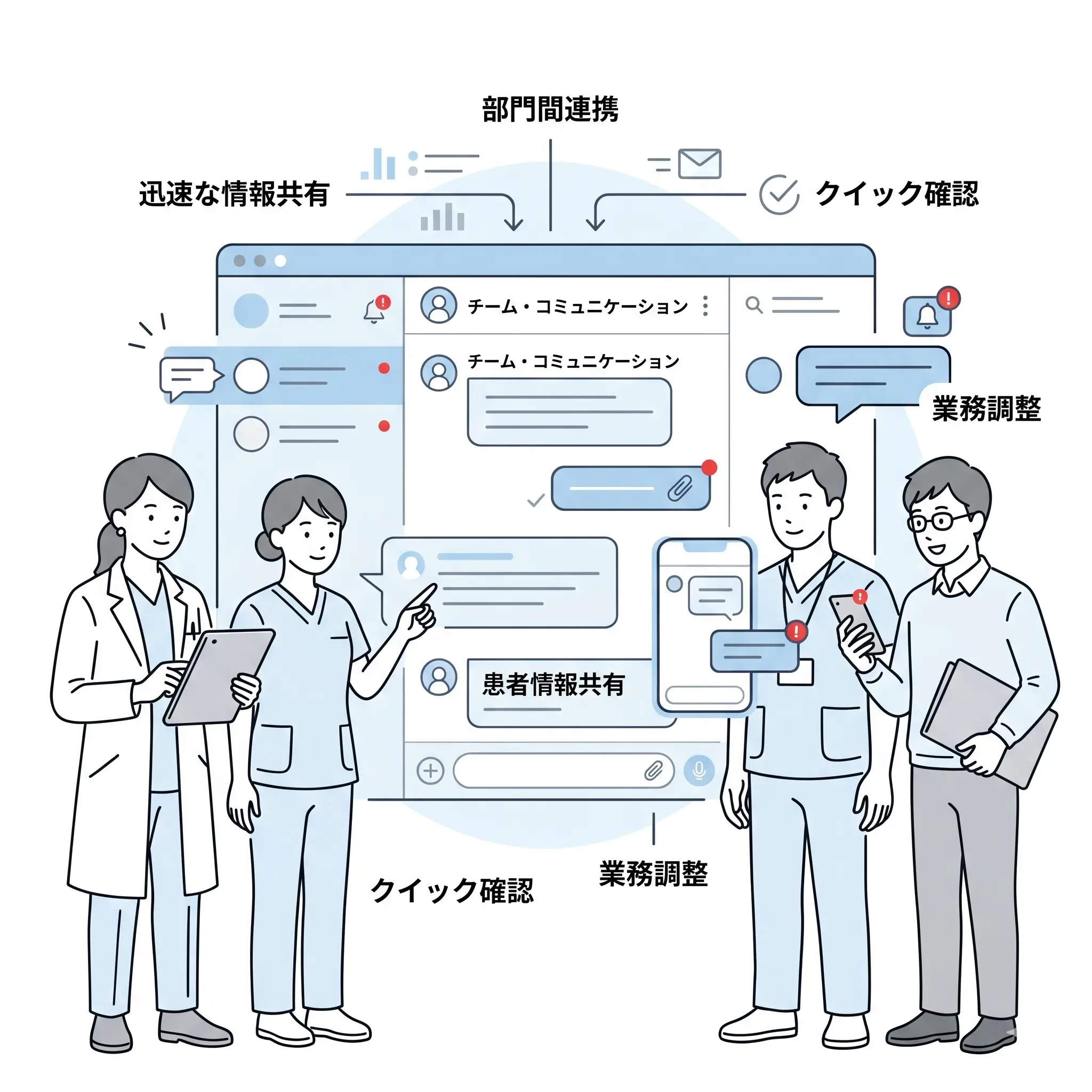 kotomosのチャットで部門間連携・情報共有を行う医療チームのイメージビジュアル