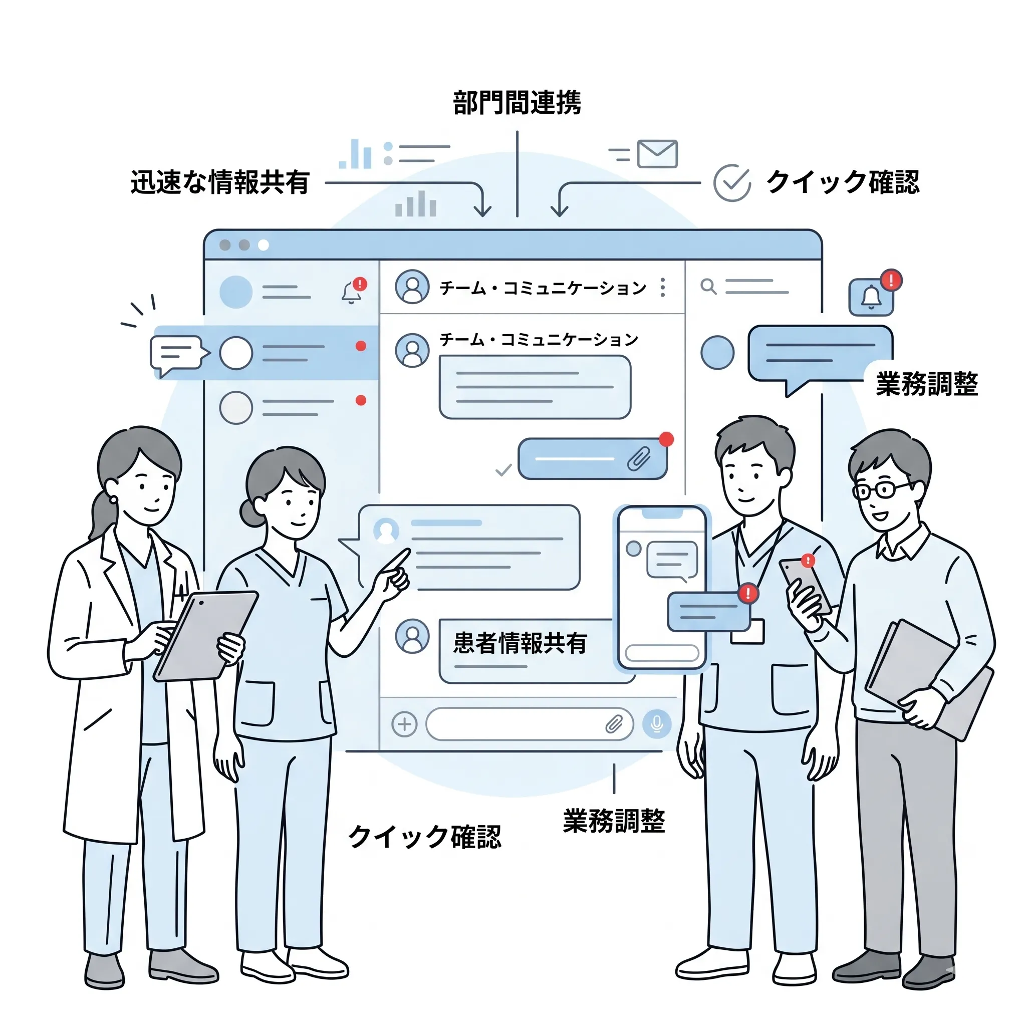 kotomosのチャットで部門間連携・情報共有を行う医療チームのイメージビジュアル