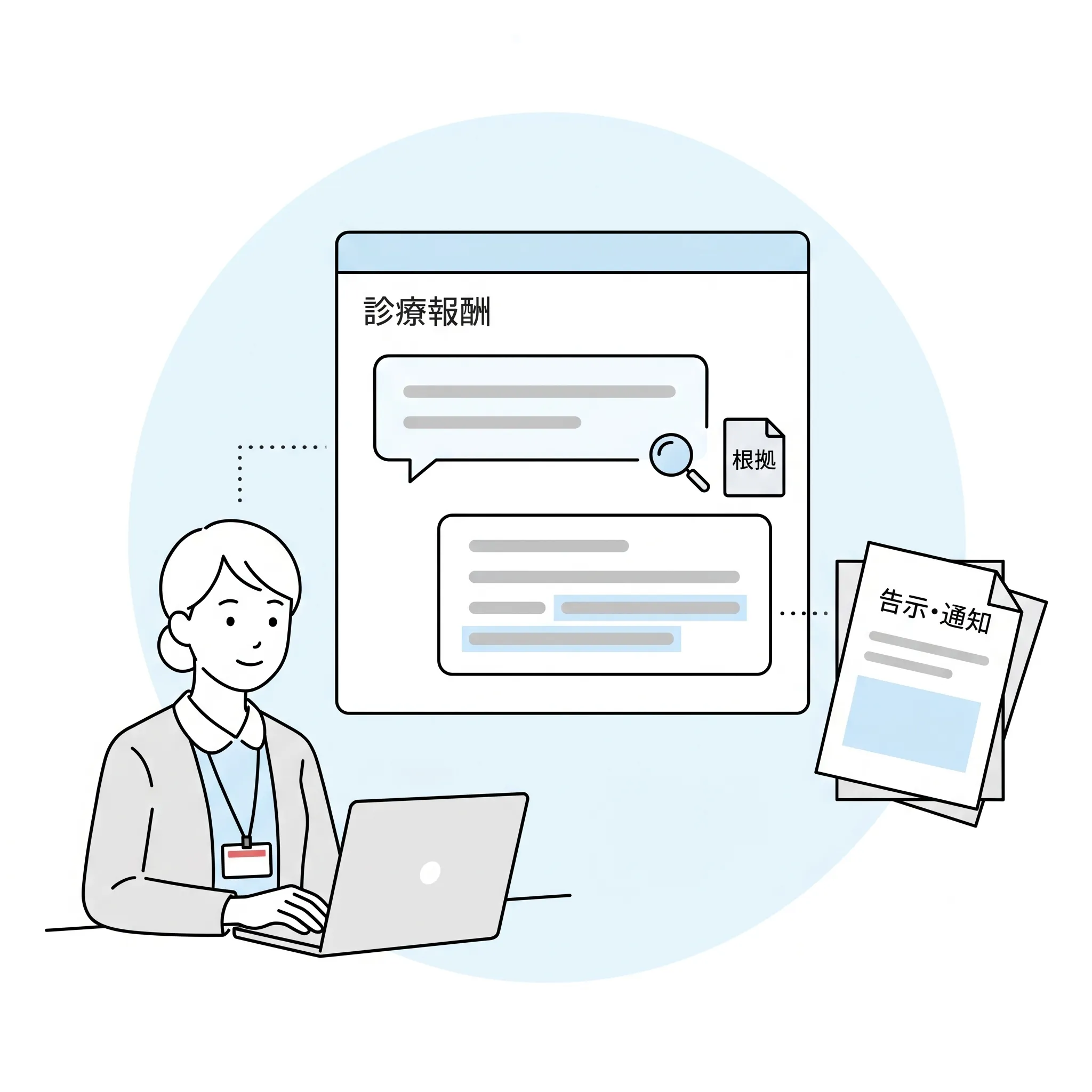 kotomosの診療報酬AIが算定要件・施設基準の確認を告示・通知を根拠に出典付きで支援する医療スタッフのイメージビジュアル