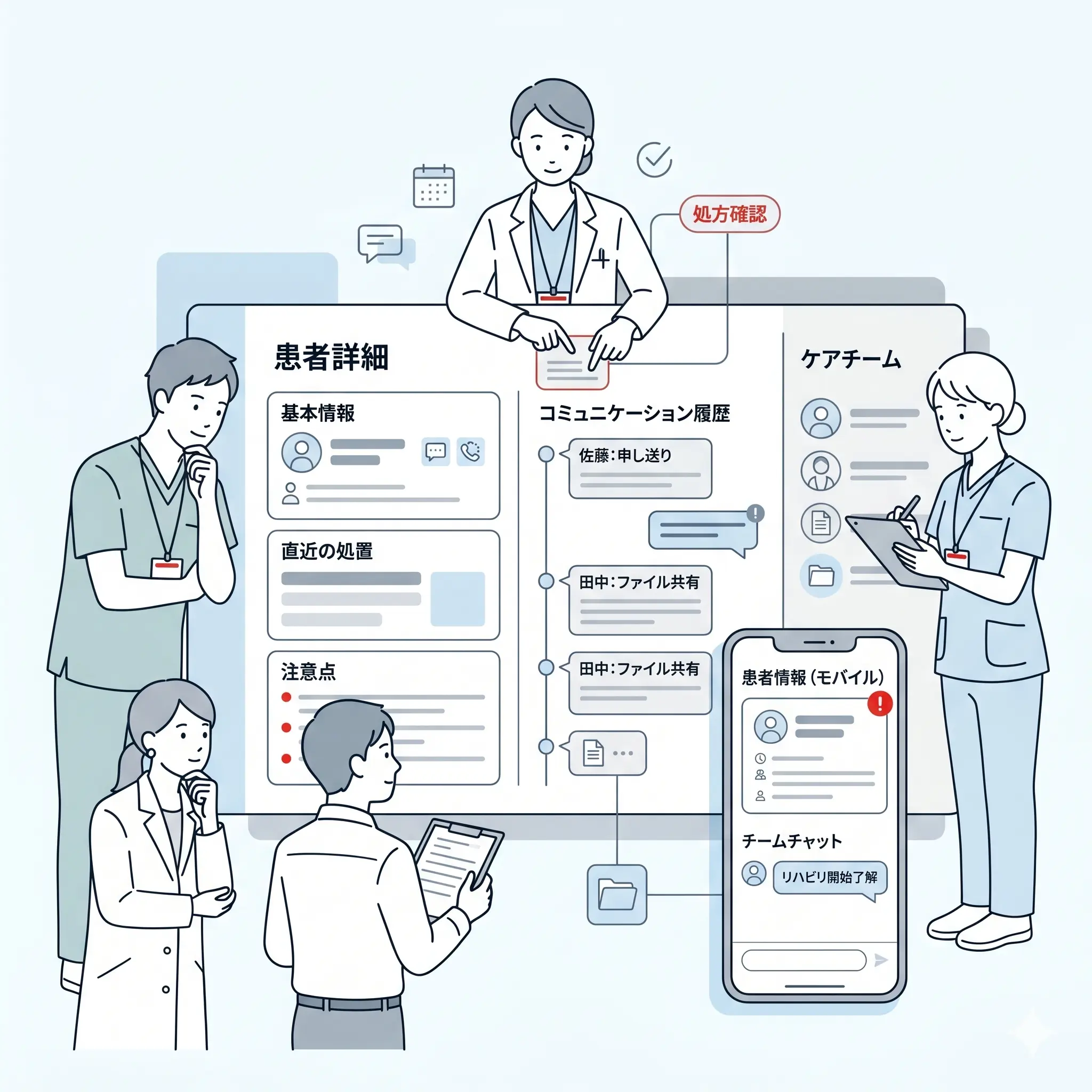 kotomosで患者の基本情報・処置・注意点・コミュニケーション履歴をチームで共有するイメージビジュアル