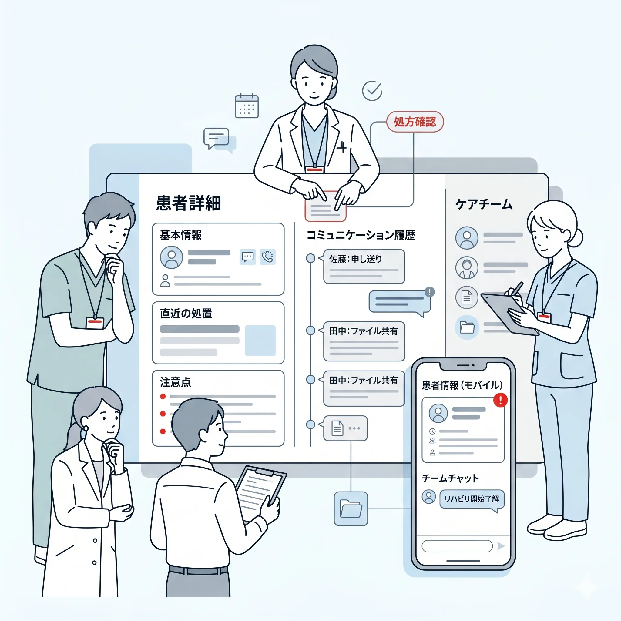 kotomosで患者の基本情報・処置・注意点・コミュニケーション履歴をチームで共有するイメージビジュアル