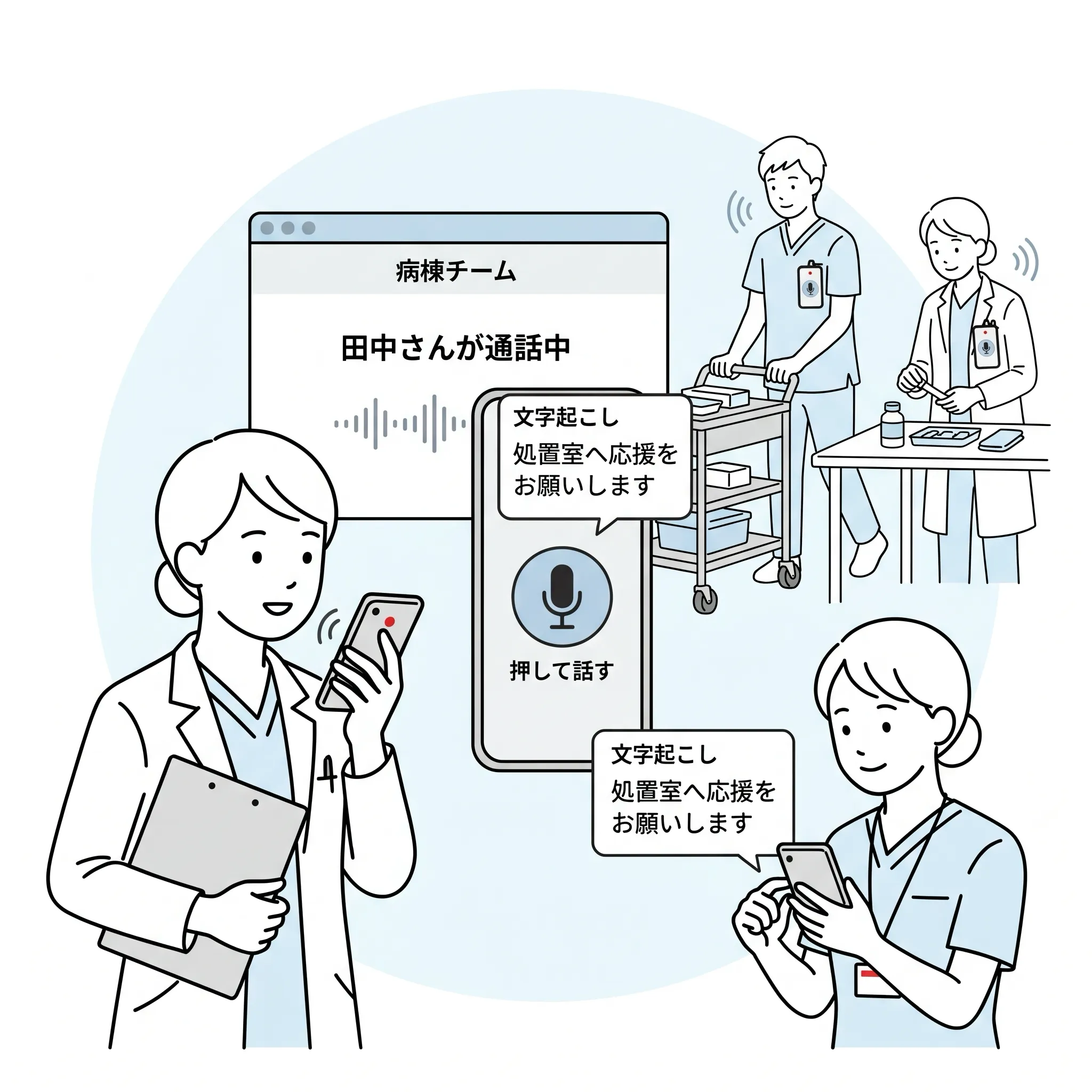 kotomosのトランシーバー機能で、手がふさがる現場からボタンを押して話しチームへ音声連絡する医療スタッフのイメージビジュアル