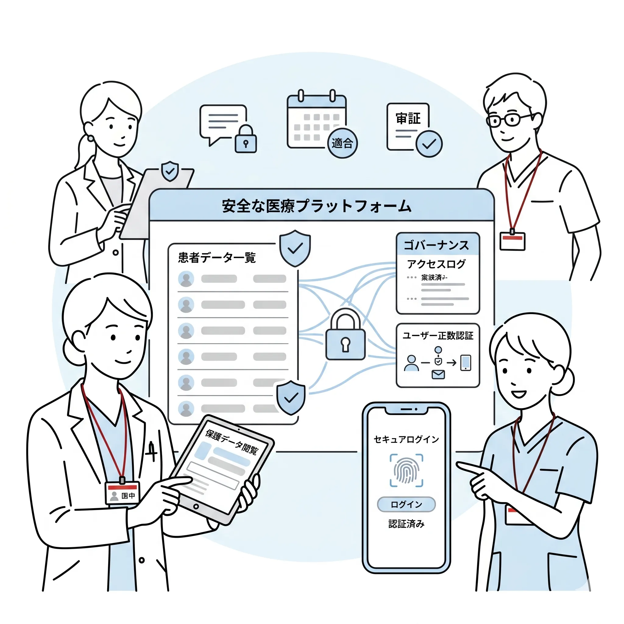 kotomosが患者データ・アクセスログ・多要素認証・セキュアログインで安全な医療プラットフォームを提供するイメージビジュアル