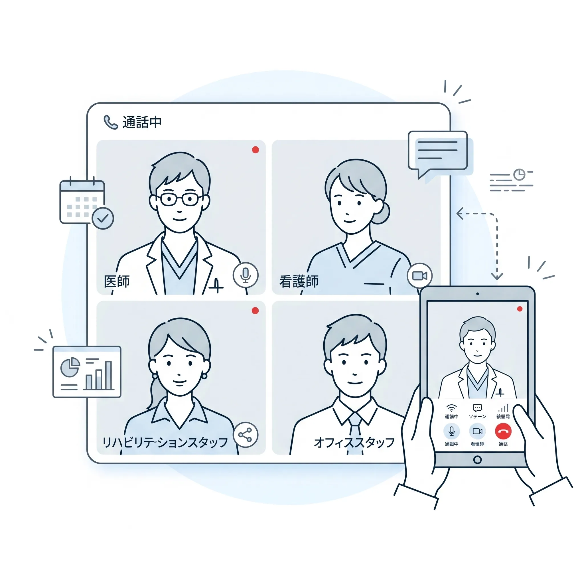 kotomosのビデオ通話で医師・看護師・リハビリ・オフィススタッフが多拠点でつながるイメージビジュアル