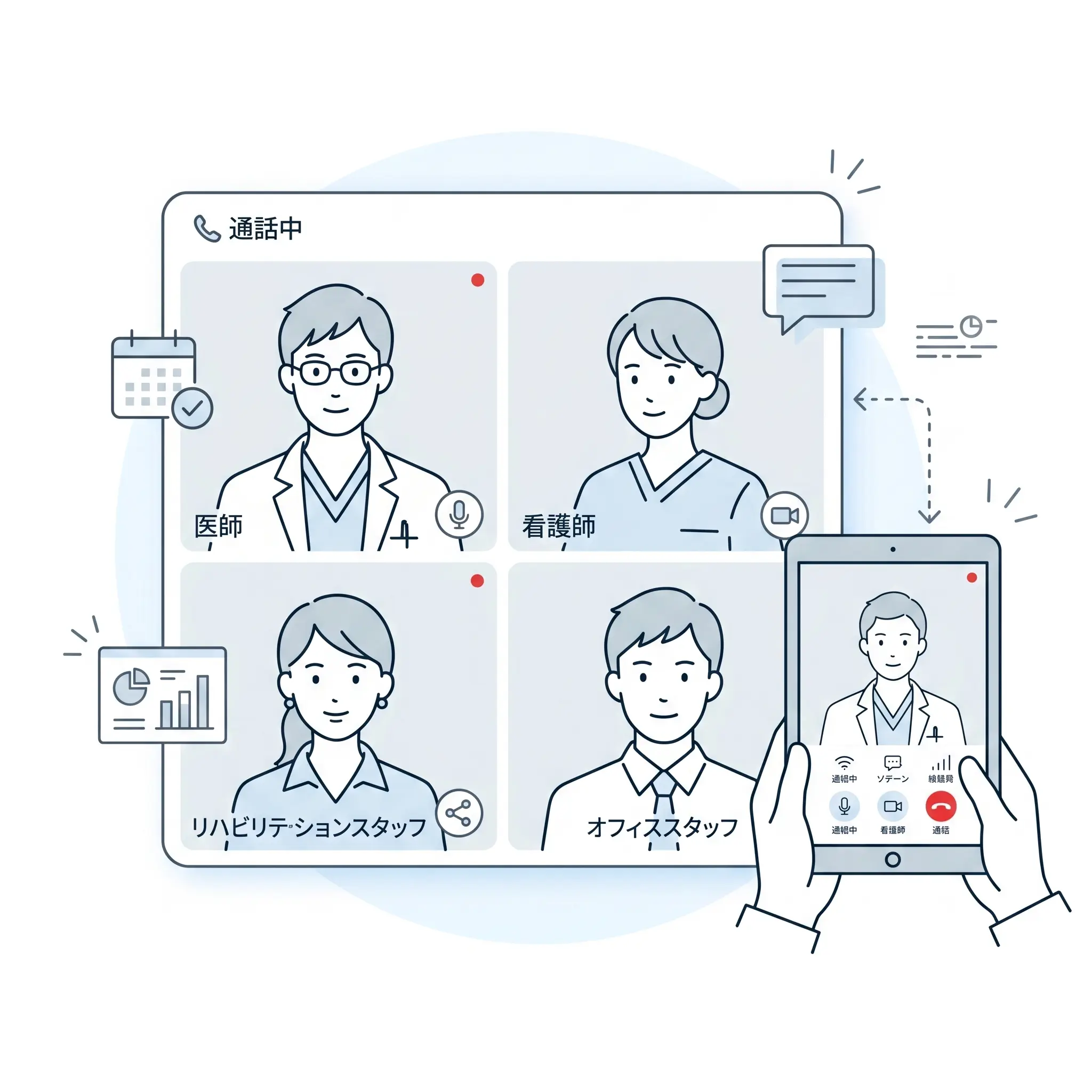 kotomosのビデオ通話で医師・看護師・リハビリ・オフィススタッフが多拠点でつながるイメージビジュアル